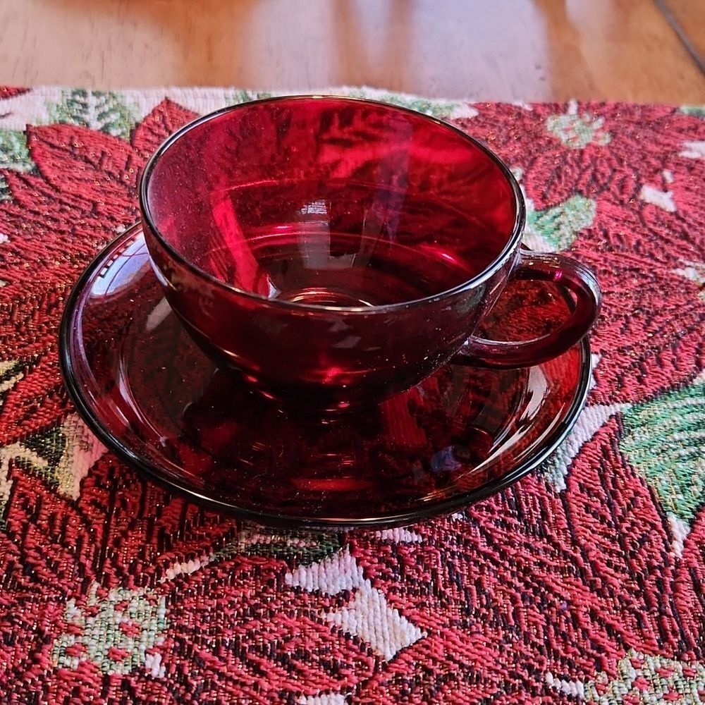 Vintage Anchor Hocking ruby cranberry teacup and saucer